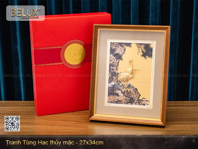 Tranh tùng hạc thủy mặc dát vàng kt 34x27cm&nbsp;